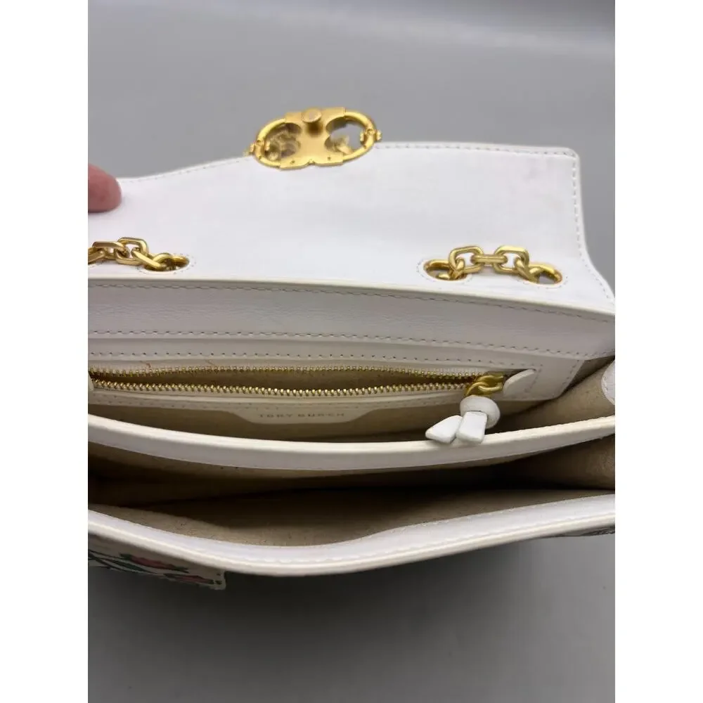 $625 Tory Burch White Garden Party Gemini Link Tri-Fold Leather Shoulder Bag